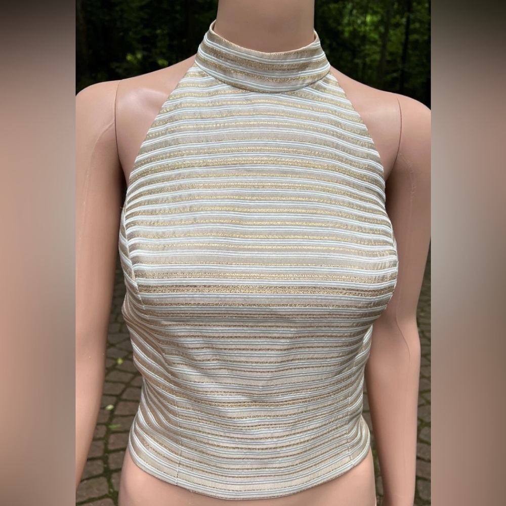 Cache metallic gold & white striped halter top! Sexy! Sz 8
